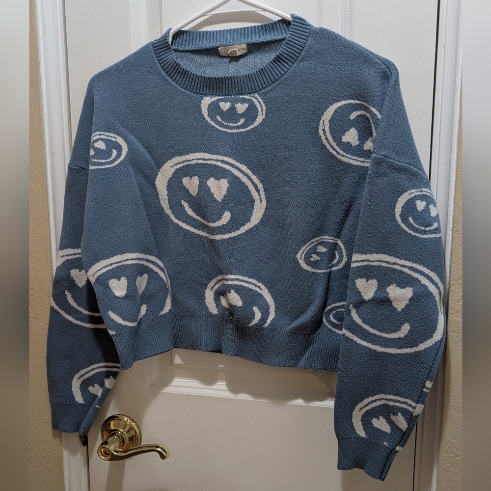 Blue Smiley Face Crop Sweater